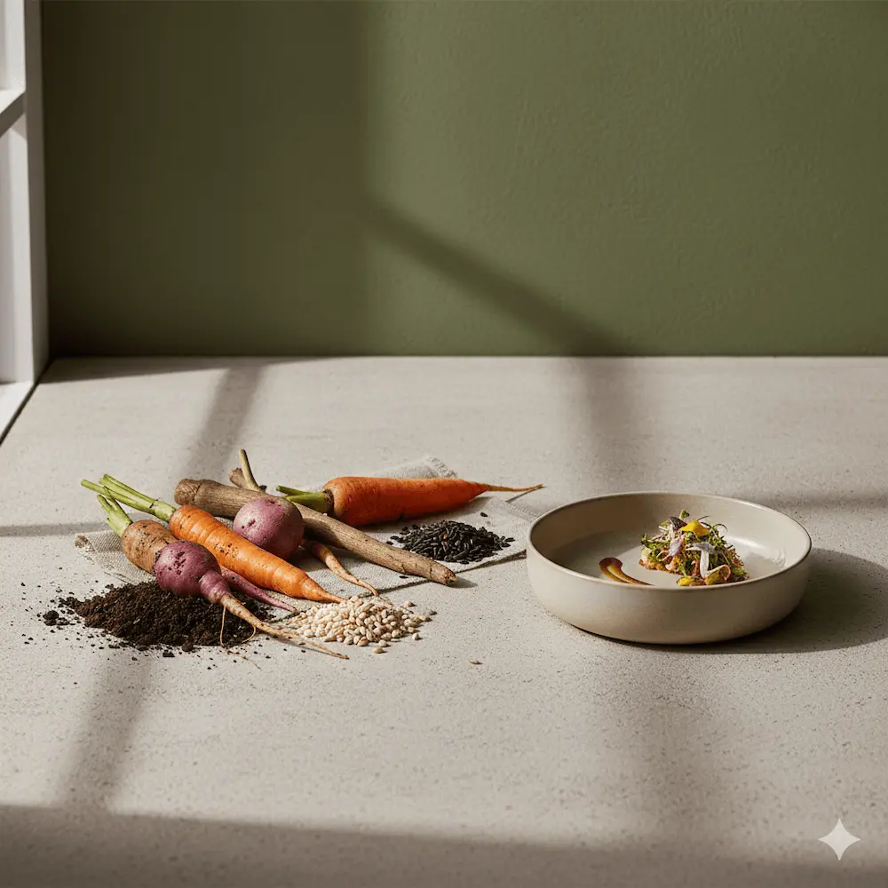 2026 local regenerative gastronomy featuring organic heritage root vegetables and refined fine dining plating on a minimalist ceramic dish.