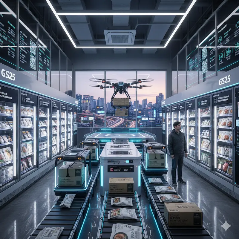 Interior of a high-tech South Korean convenience store in 2026 featuring automated conveyor belts, delivery drones hovering over a launchpad, and smart-refrigerators stocked with premium K-Food Gastronomy meal-kits.