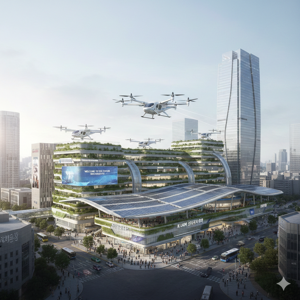 rchitectural visualization of K-UAM 버티포트 투자 전망 및 인프라 구축 현황, showcasing urban air mobility infrastructure and eVTOL hubs in Seoul 2026.