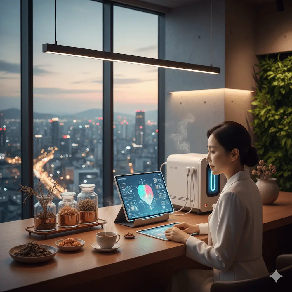 A high-end Seoul wellness atelier showing AI-driven skin analysis and traditional Hanbang herbal medicine for F-1-D visa holders.