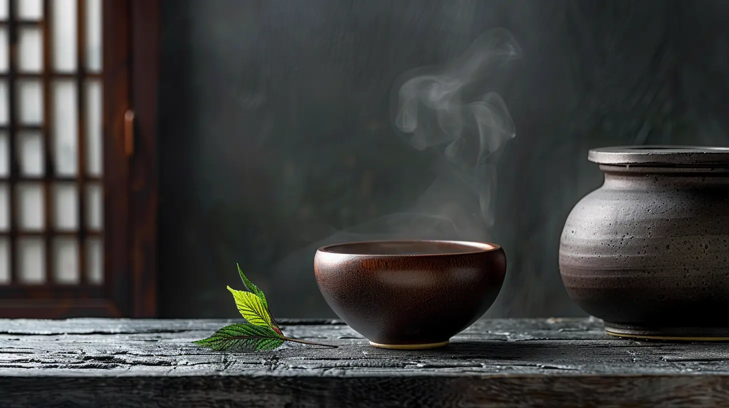 A minimalist luxury arrangement of Korean Buddhist temple food in a dark Baru bowl on a textured slate surface next to a traditional Onggi jar, representing sustainable fine dining in South Korea.
