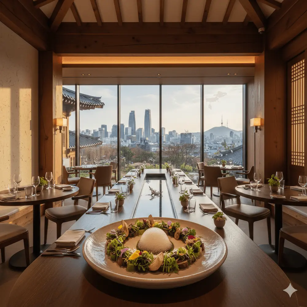 A luxurious and sustainable vegan fine dining course at a Michelin Green Star restaurant in Seoul, overlooking the city skyline.