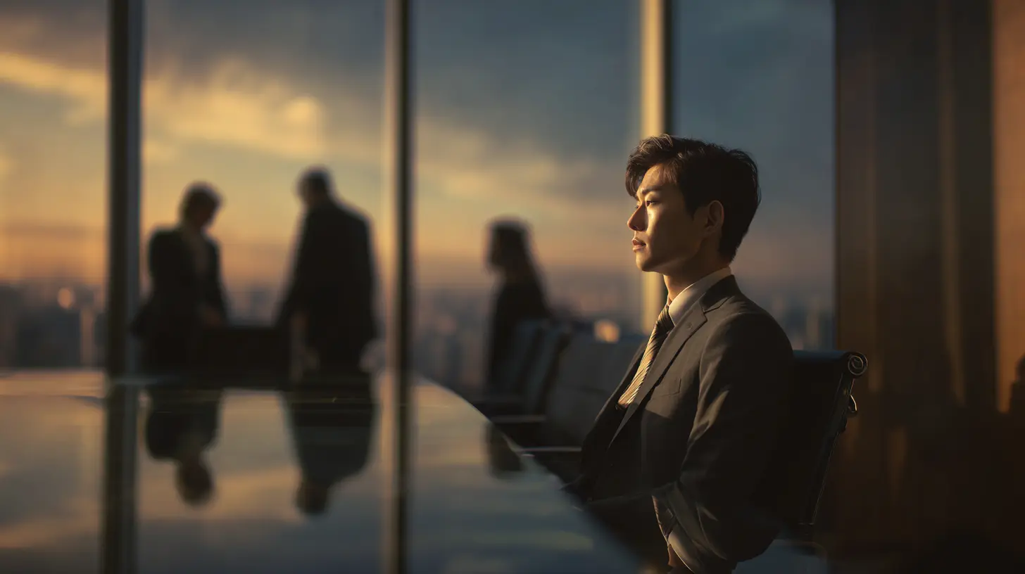 A Korean business executive practising nunchi — the art of reading unspoken social cues — during a high-stakes boardroom meeting in a Seoul skyscraper, demonstrating Korean emotional intelligence in a global business context.