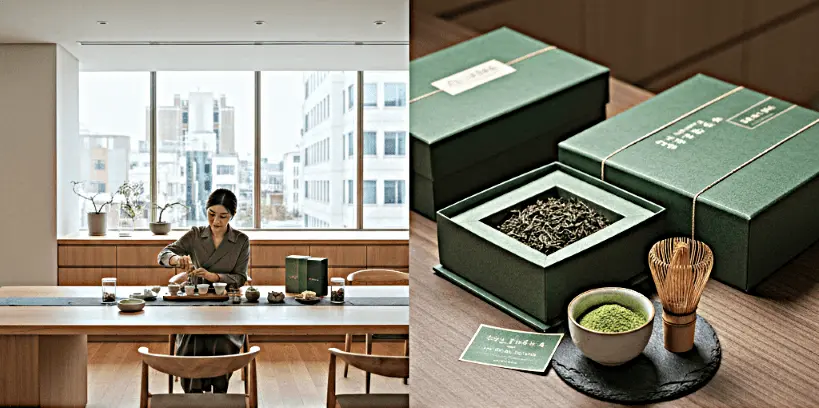 A premium Korean tea ceremony set featuring high-quality green tea and traditional ceramics, representing the growing luxury K-tea business and wellness investment trends.