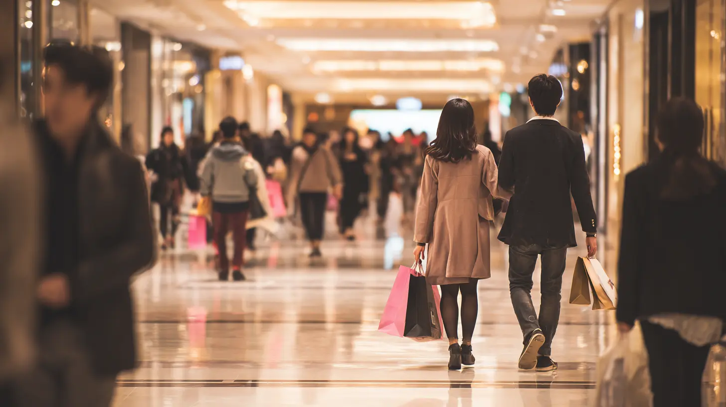 International tourists shopping inside a modern department store in Seoul, South Korea.
