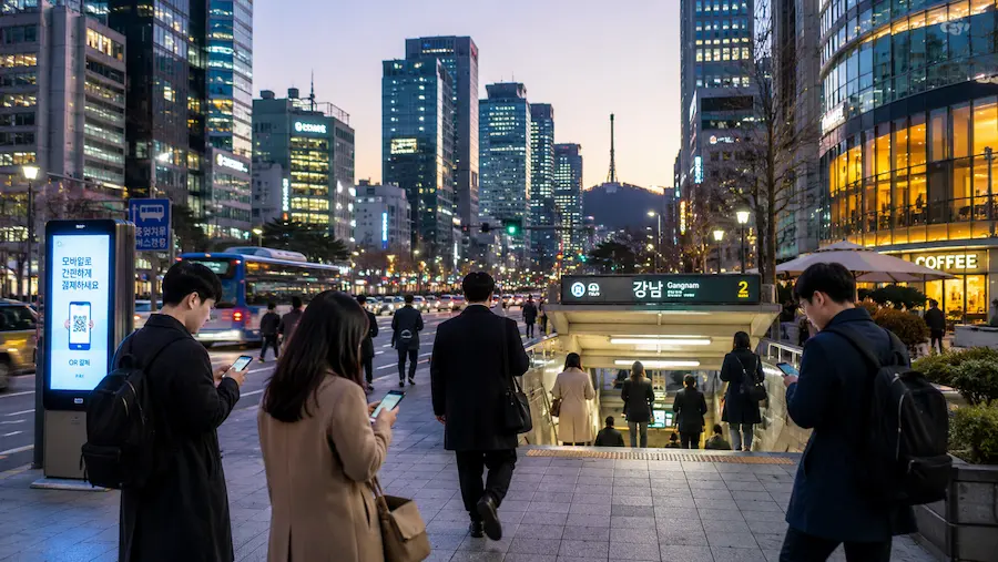 People using smartphones near a subway station in Seoul, South Korea, illustrating the country’s connected digital lifestyle and advanced mobile infrastructure.