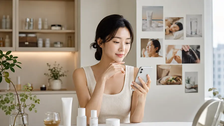 A Korean woman checking skincare information on her phone beside simple skincare products, representing slow-aging in Korean beauty.