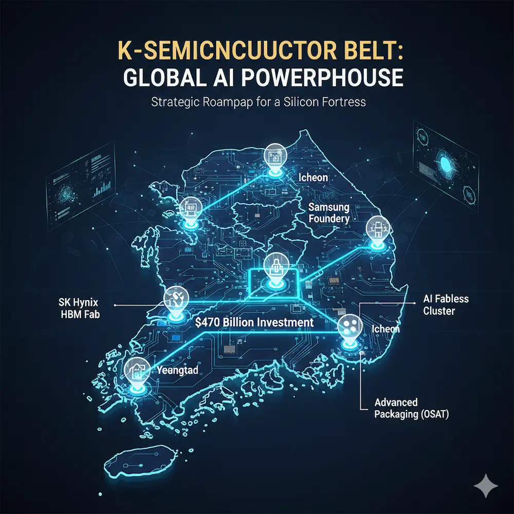 Infographic showing South Korea's $470 billion AI semiconductor mega-cluster and global supply chain resilience.
