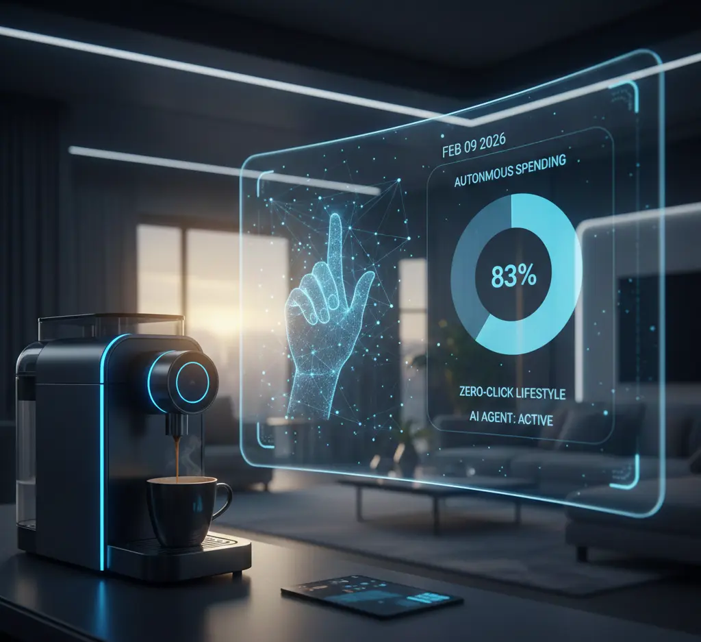 A futuristic smart home interior featuring an AI coffee machine and a holographic display showing 83% zero-click lifestyle statistics and autonomous spending analytics dated February 9, 2026.