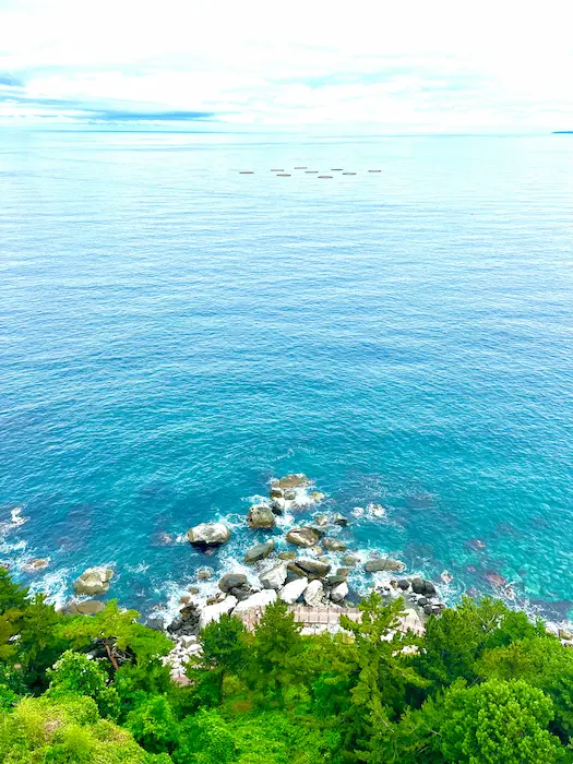 Coastal scenery in Jeju Island with calm sea, volcanic landscape, and soft morning light in South Korea.