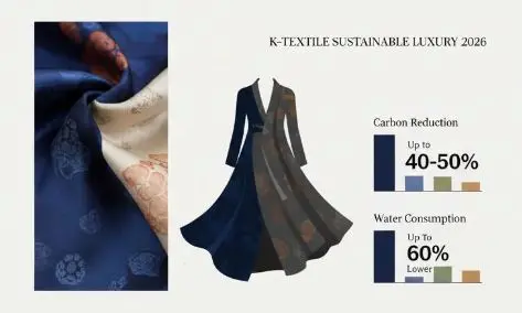 Infographic of Upcycled Hanbok Textile Sustainable Luxury 2026 showing 50% carbon reduction and 60% water savings.