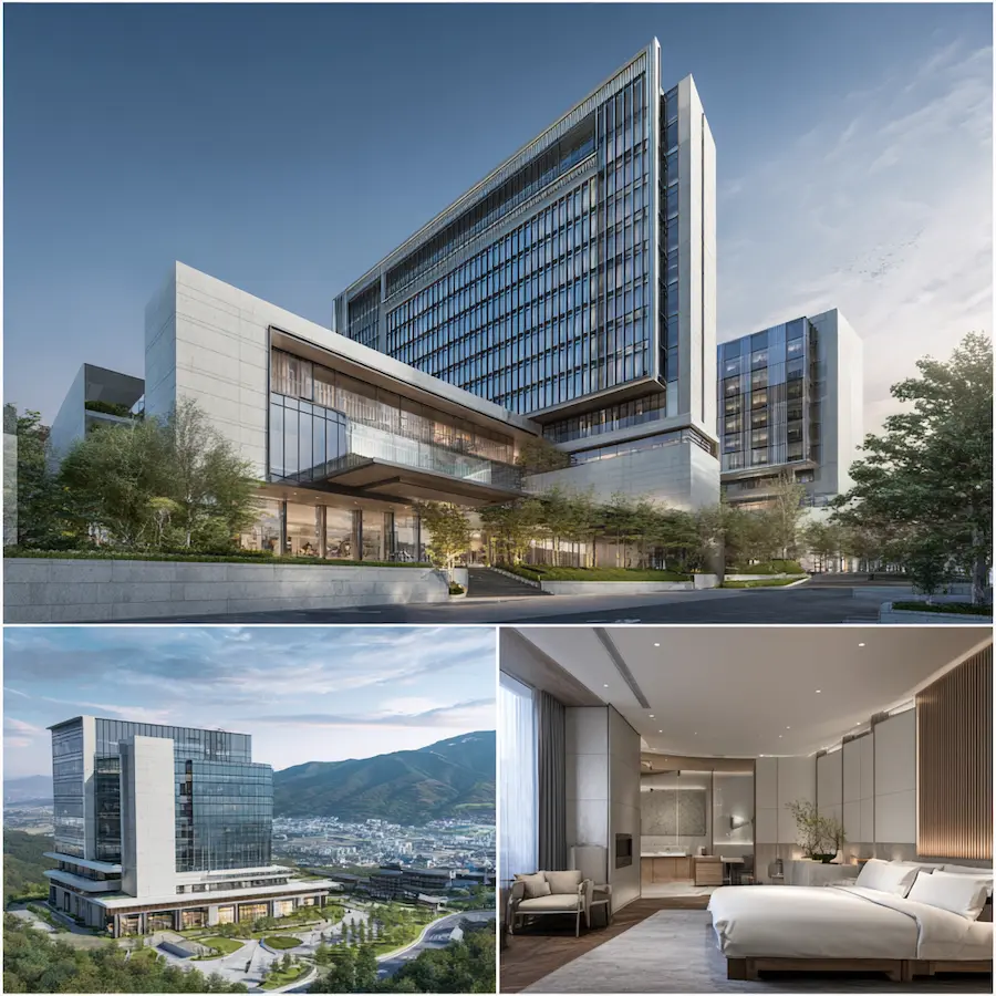 An ultra-modern luxury clinic in Seoul featuring an AI digital diagnostic display alongside elegant traditional Korean wood paneling, representing premium medical tourism South Korea.