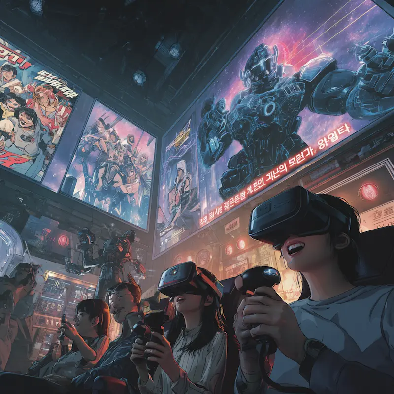 Futuristic VR Webtoon Lounge in Seoul South Korea with immersive mixed reality storytelling