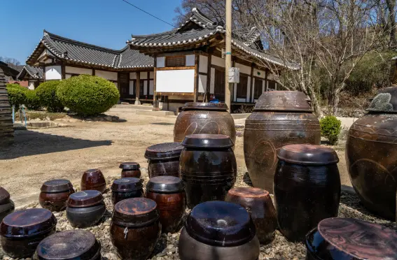 Traditional Korean Onggi jars on a jangdokdae used for food fermentation