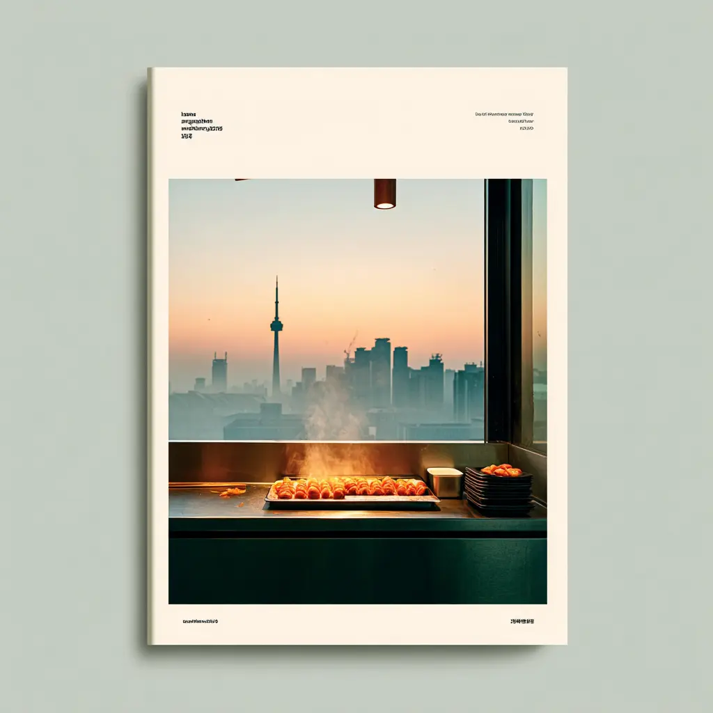 A minimalist luxury magazine cover image featuring a sophisticated pojangmacha street food stall in Seoul. In the foreground, a steaming tray of tteokbokki and neatly arranged gilgeori toast rest on a metal counter under warm, gentle lighting. The background shows a softly blurred Seoul skyline transitioning into modern high-rise silhouettes, hinting at the 1988 Olympic era and urban transformation. The overall composition is clean and editorial with generous negative space, presented in a muted color palette of warm cream, charcoal, deep red, soft amber, and dark navy.