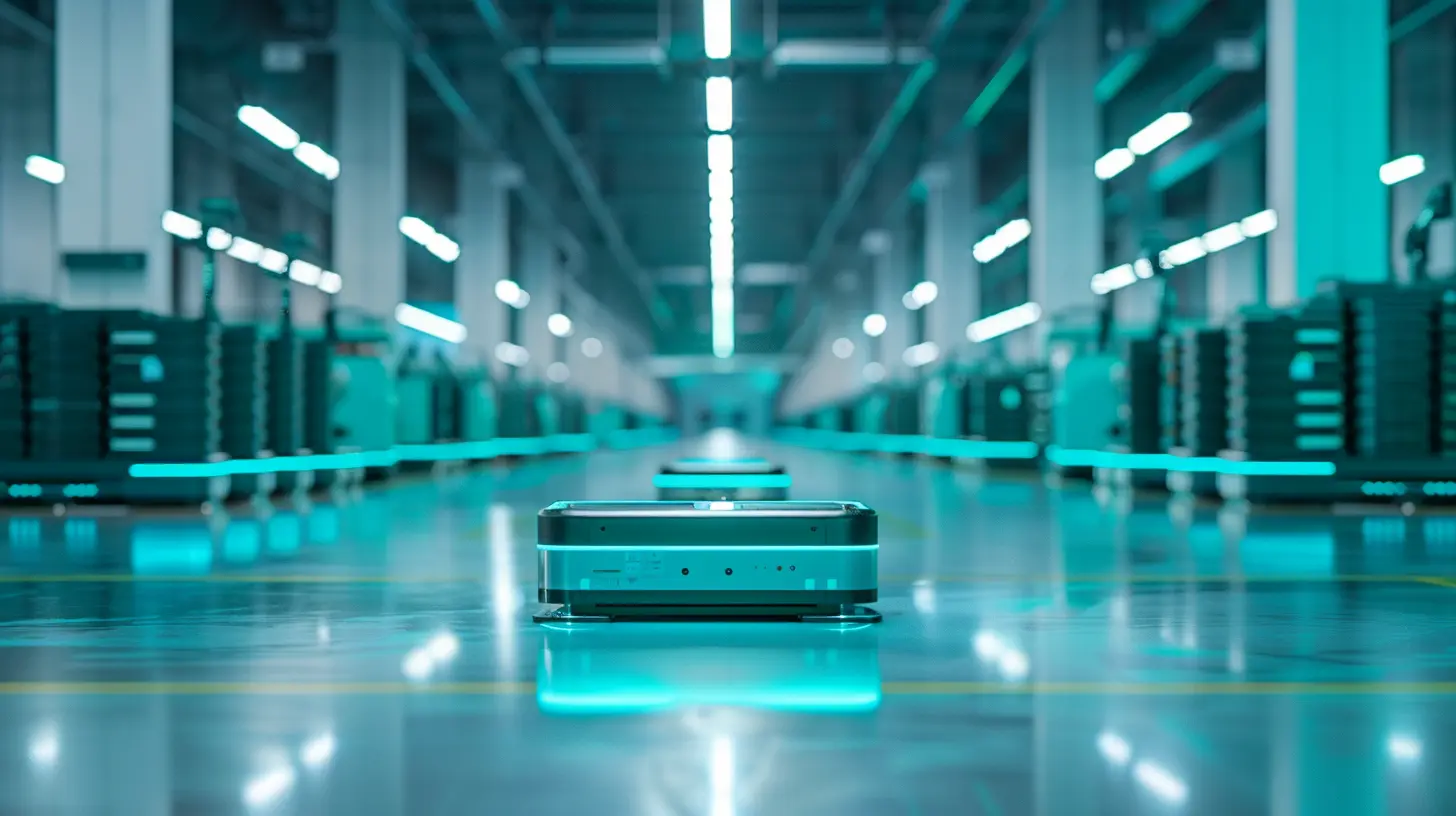 An automated logistics center in Seoul featuring autonomous sorting robots on a reflective floor with technical LED lighting, representing advanced South Korea smart logistics technology.