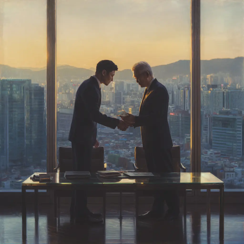 Korean business professional bowing and offering a business card with both hands to a senior colleague in a modern Seoul office, representing hierarchical etiquette in South Korean corporate culture