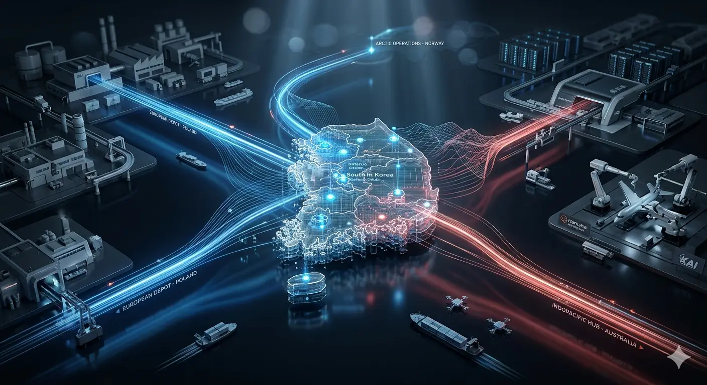 A cinematic 8K representation of a luminous South Korea, composed of transparent layers, circuits, and data grids, serving as the core hub of global defence logistics and AI-driven supply chain resilience.
