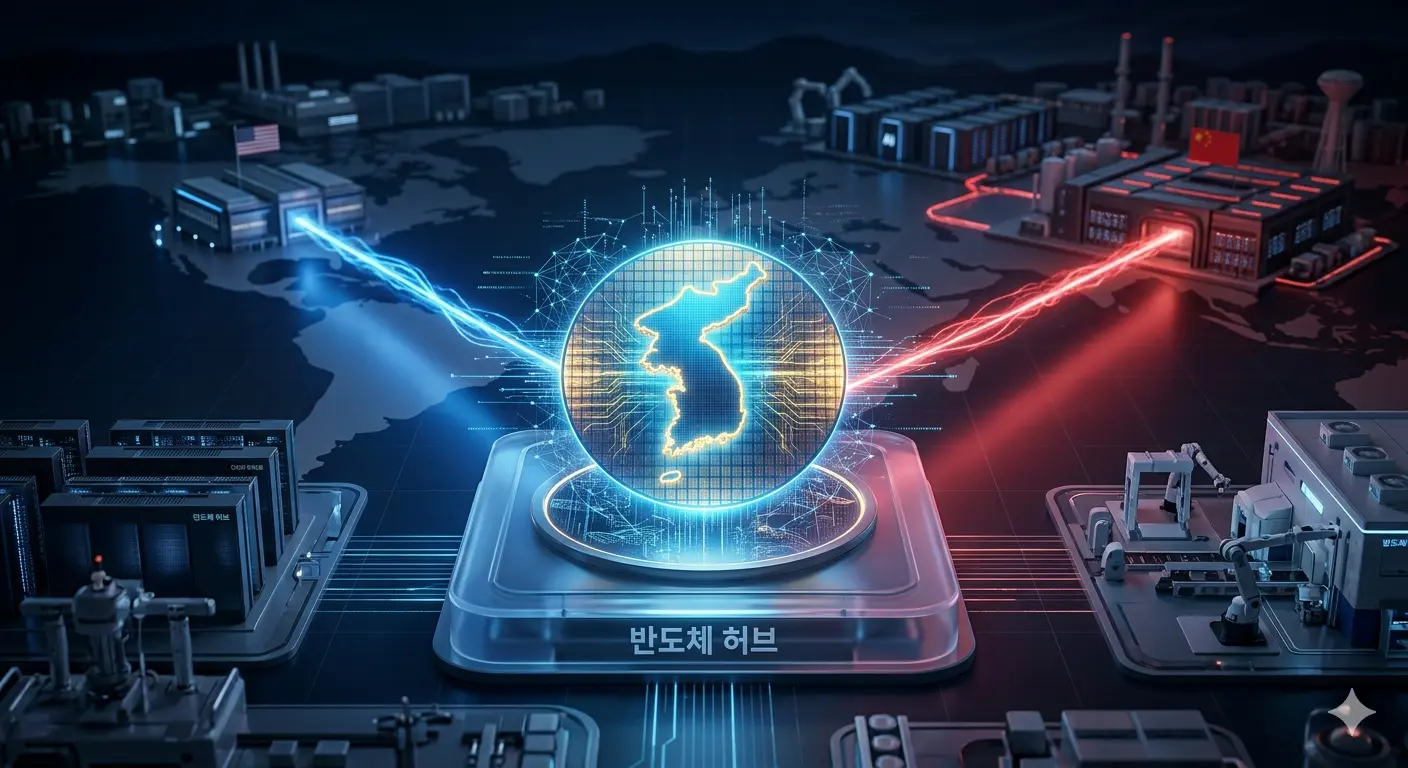 Robotic arm inspecting a translucent silicon wafer in a high-tech Seoul cleanroom with Gangnam skyline in the background.