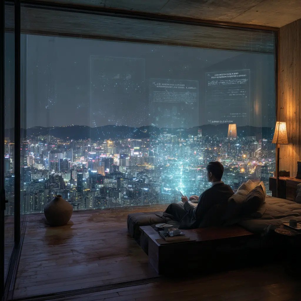 An affluent male traveler in his 40s reviewing a transparent AR interface of AI Trip Butler Korea inside a minimalist luxury modern Hanok lounge in Seoul with a rainy cityscape background.