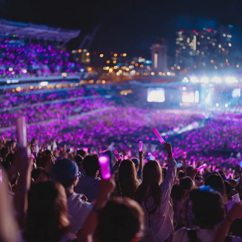 BTS ARIRANG World Tour 2026 Tampa stadium concert with international fans, purple lightsticks and economic boom symbols