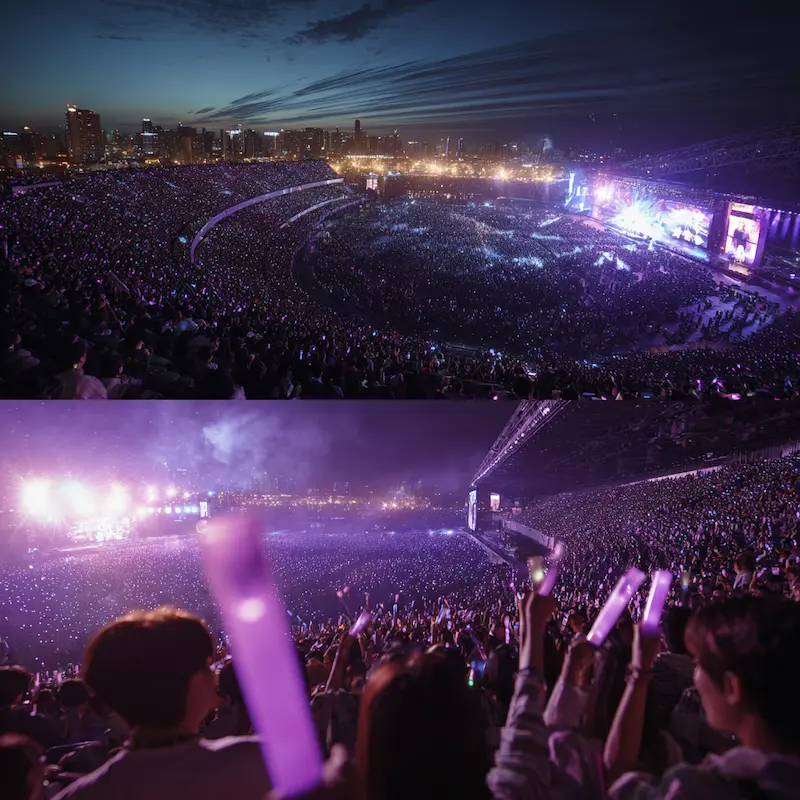 BTS ARIRANG World Tour 2026 concert stage lighting over Southeast Asian city skyline at night, representing K-pop tourism boom across Bangkok, Singapore and Manila