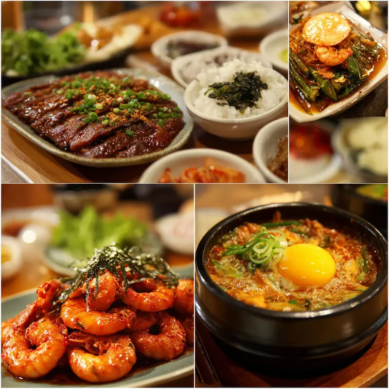 An abundant spread of halal-certified Korean dishes on a traditional wooden table in Seoul, featuring halal bulgogi, golden Korean fried chicken, colourful banchan in ceramic bowls, steaming doenjang jjigae, and freshly made kimbap rolls.