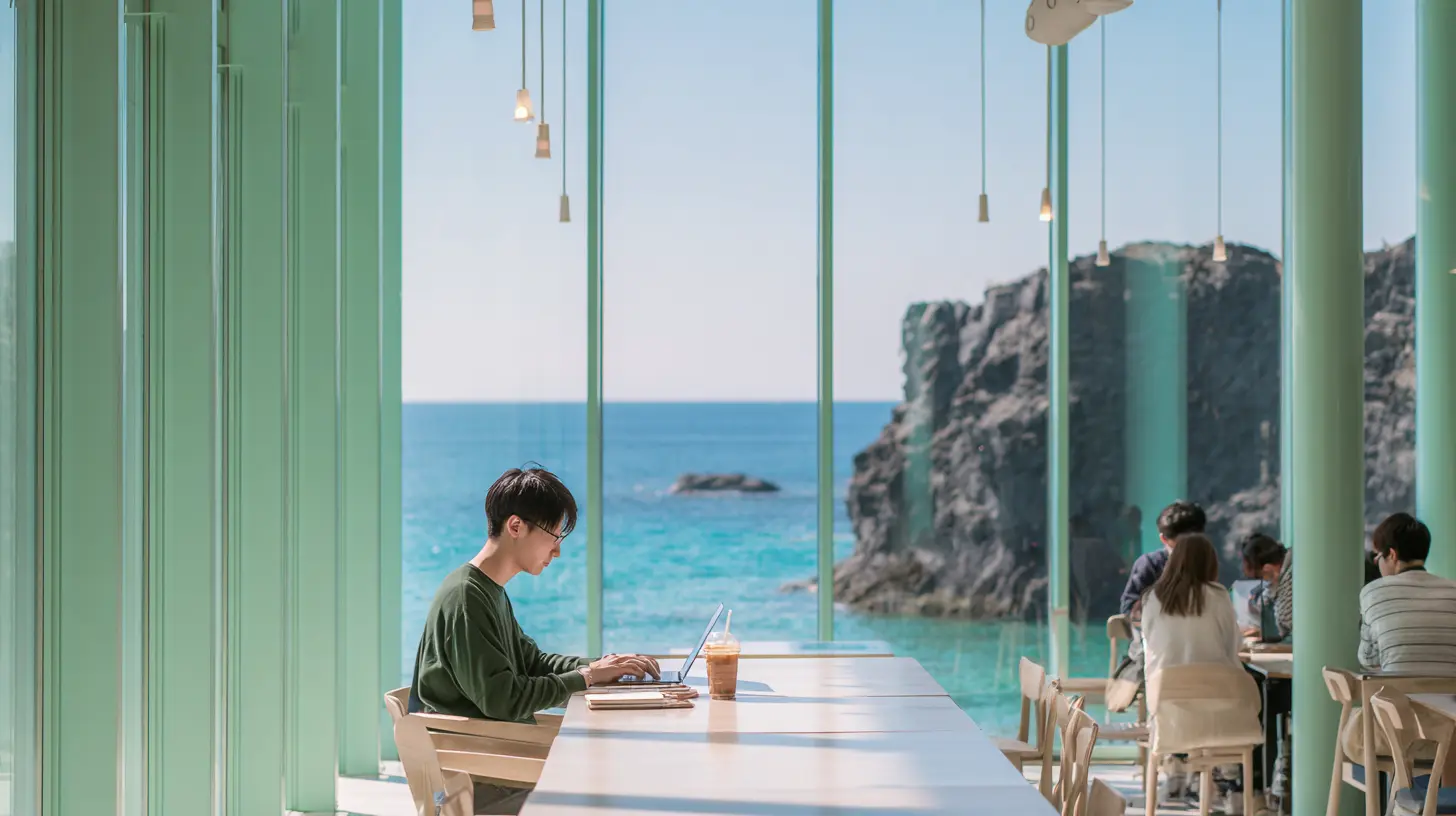 A digital nomad working on a laptop at an ocean-view coworking space in Jeju Island, South Korea, with turquoise sea and volcanic cliffs framed through open windows — a prime workation destination for F-1-D visa holders in 2026.