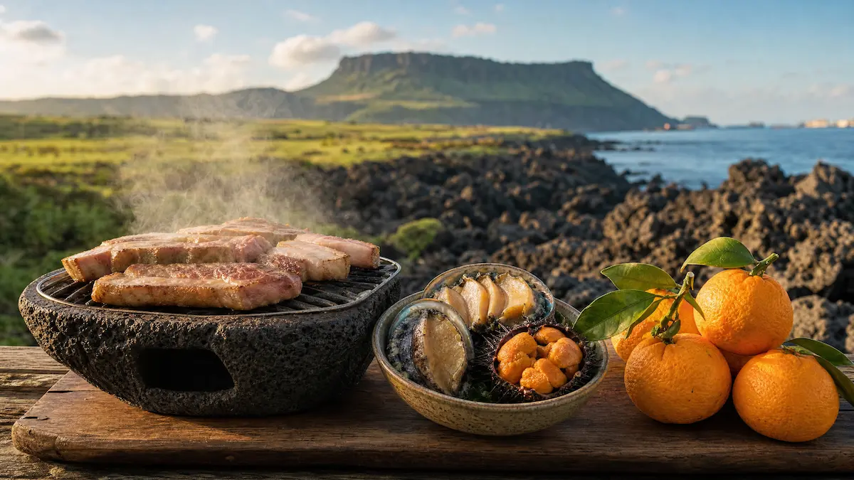 Jeju black pork grilling on a volcanic stone grill alongside fresh haenyeo-harvested abalone and Hallabong tangerines, set against Jeju Island's iconic basalt coastline and green volcanic mountain, representing Jeju's growing premium food industry.