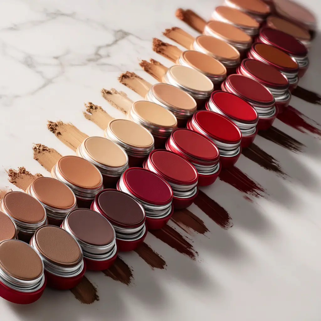 TIRTIR Mask Fit Red Cushion Foundation displayed in a row of 40 shades ranging from the lightest ivory to the deepest espresso, representing K-Beauty's shift towards inclusive foundation ranges for all skin tones in 2026