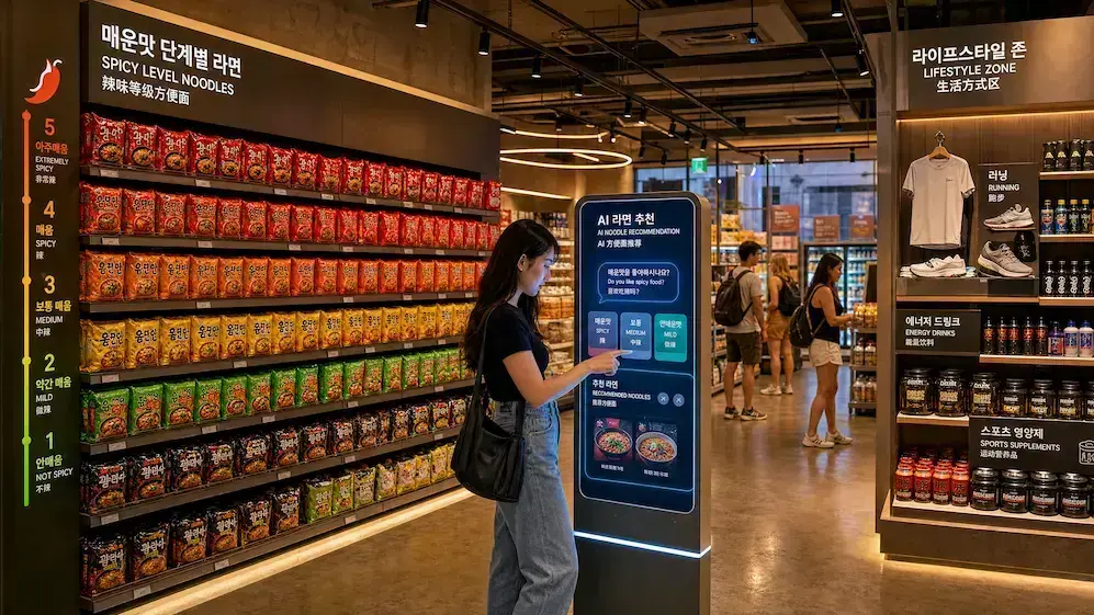 Inside a futuristic South Korean convenience store, a woman interacts with an AI recommendation kiosk beside a colour-coded wall of instant noodles sorted by spice level, with a lifestyle running zone visible in the background, illustrating how GS25 and CU are transforming into retail innovation labs.