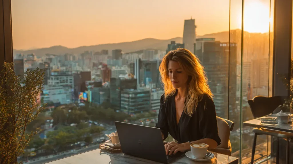 A Western professional woman working remotely on a laptop at a glass-walled cafe in Gangnam, Seoul, with a dramatic South Korean skyline visible through floor-to-ceiling windows — illustrating life on the South Korea Digital Nomad Visa in 2026.