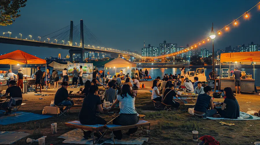 Glowing orange pojangmacha tents lining a street in Seoul, South Korea at night, with food stalls and local diners visible inside