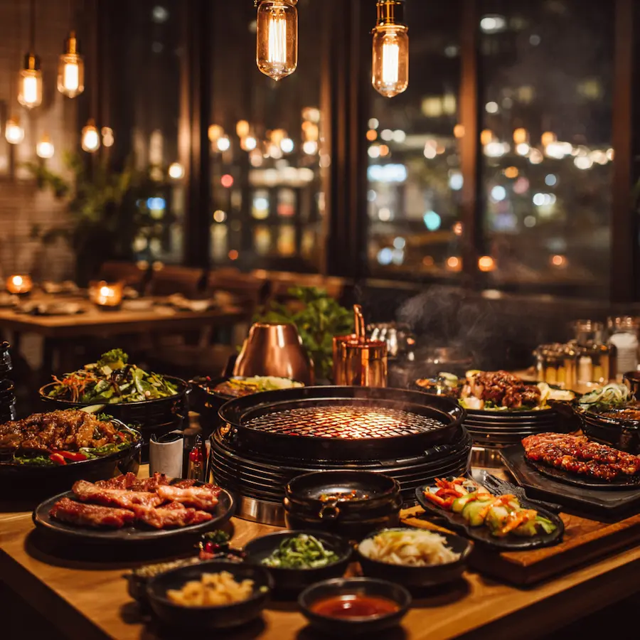 Korean BBQ restaurant interior with glowing tabletop charcoal grills, marinated meats, banchan side dishes and hot pot vessels, set against an American city streetscape at night representing Korean dining expansion across North and Latin America in 2026