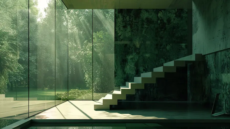 A high-end cinematic interior illustrating Korean cinema philosophy through spatial design, featuring a minimalist concrete staircase cutting diagonally between a sun-drenched luxury garden window and dark geometric emerald walls.