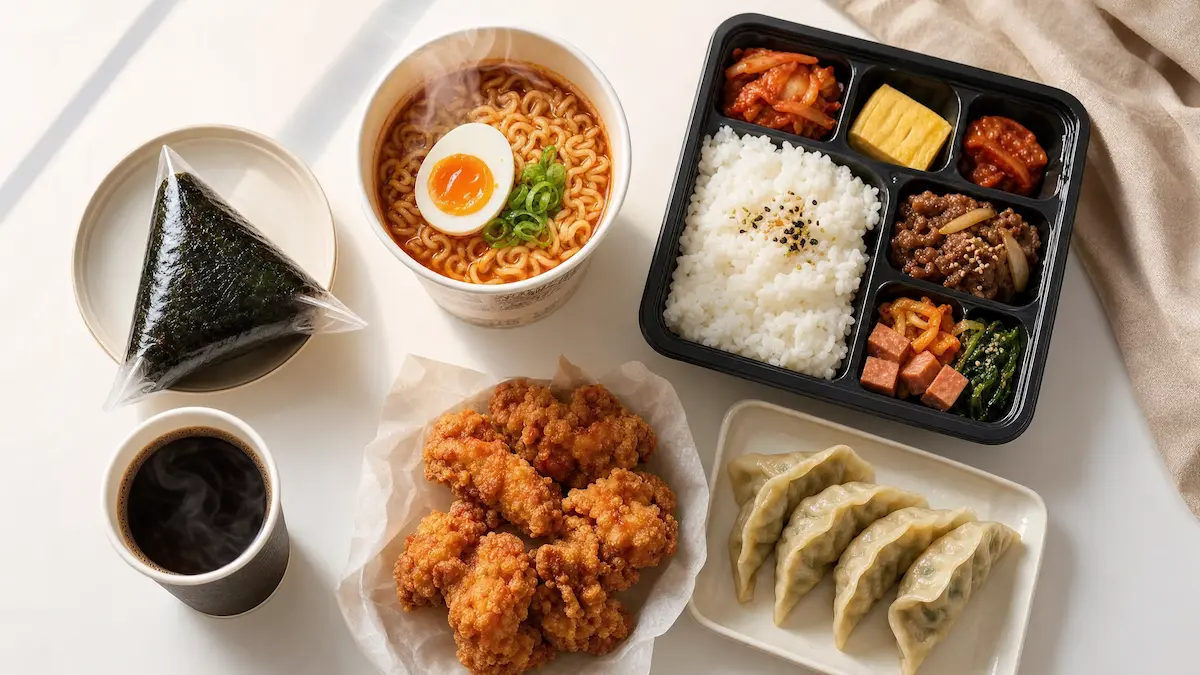 A flat-lay of iconic Korean convenience store foods including triangle kimbap, steaming ramyeon, bento box, fried chicken, dumplings, and Americano coffee, representing Korea's convenience store food revolution.