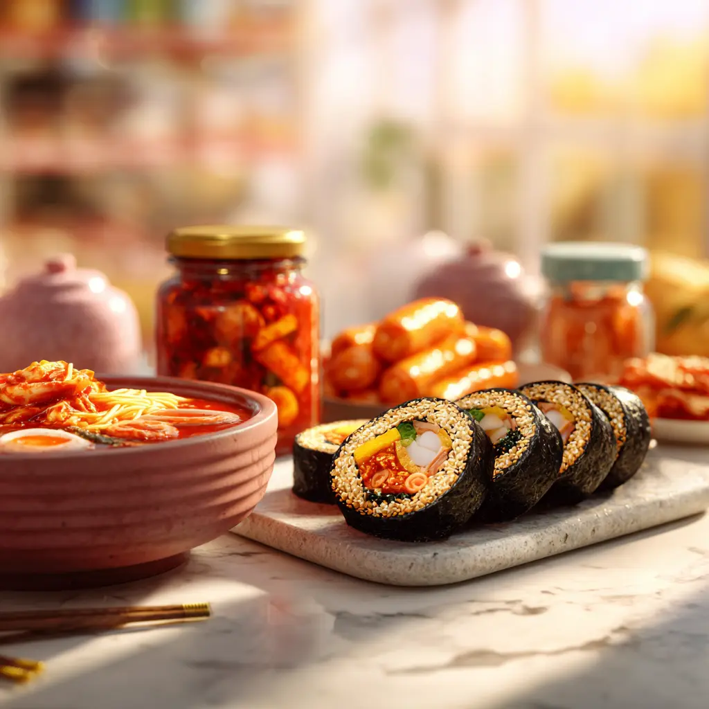 Flat-lay of Korean food including kimbap rolls, Buldak spicy ramen, tteokbokki rice cakes and gochujang paste arranged on a white marble surface, representing the rise of K-food in American supermarkets in 2026