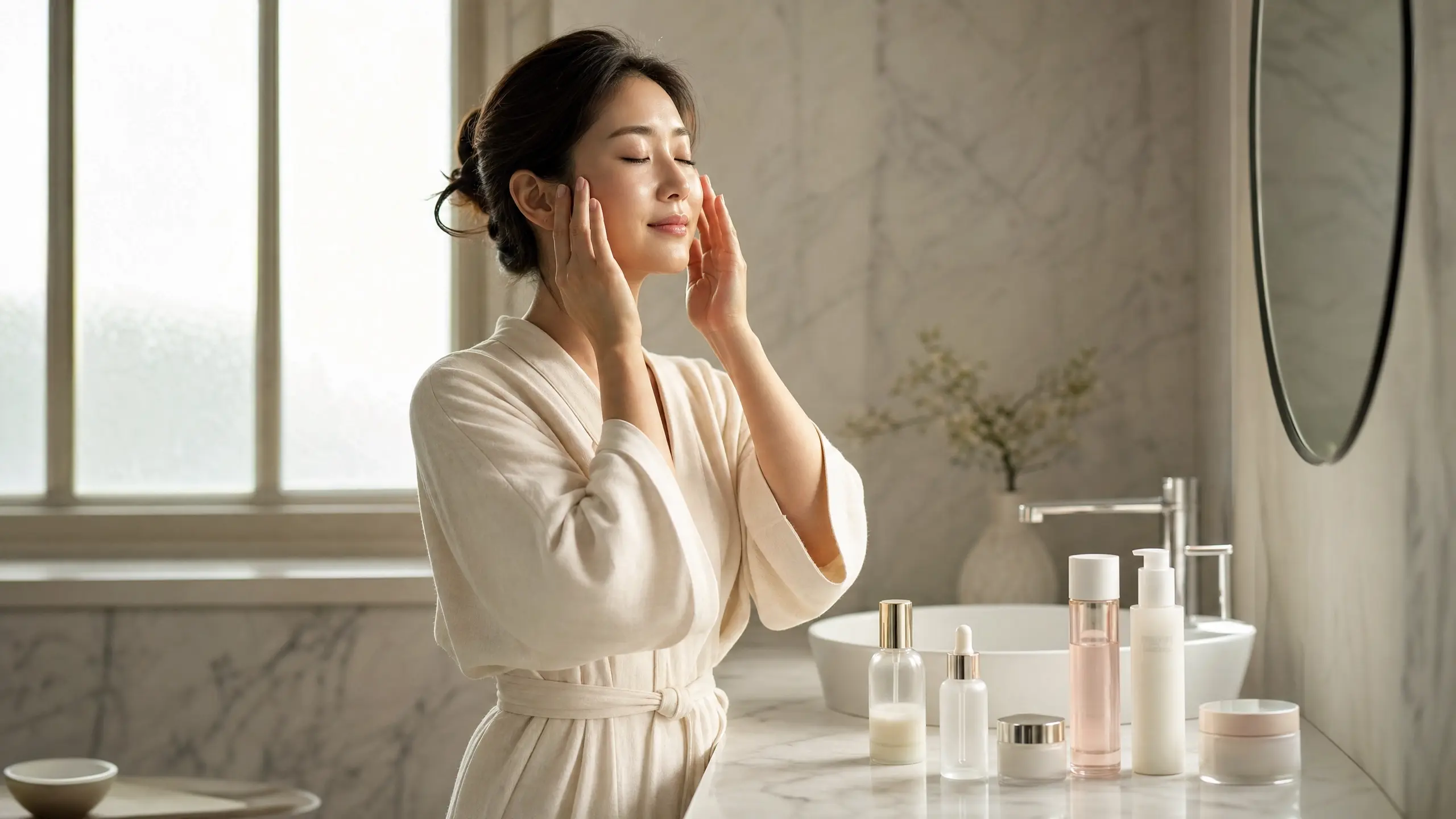 A Korean woman performing her morning skincare routine in a minimalist bathroom, illustrating the philosophy and consistency behind the 10-step Korean skincare culture.