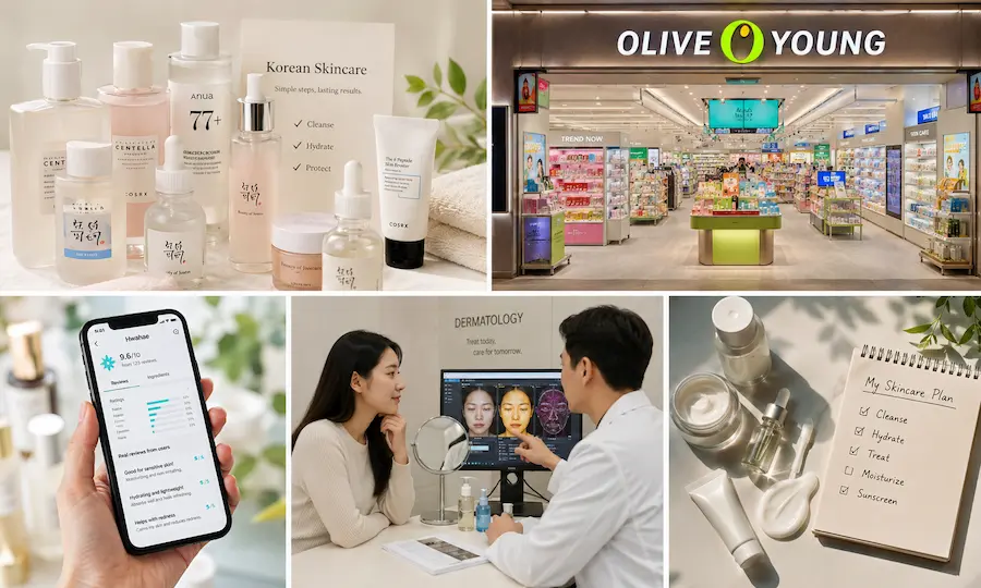 A collage showing Korean skincare products, beauty retail, online reviews, dermatology consultation, and a simple skincare routine.