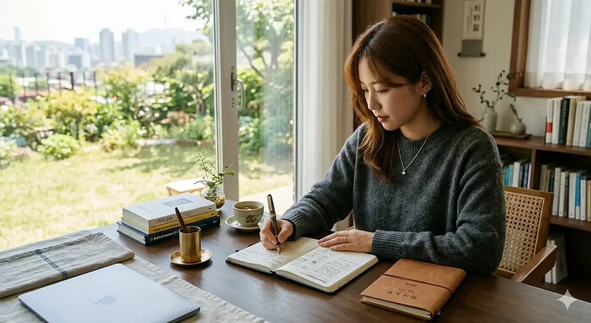 A young Korean woman writing in a bullet journal with a fountain pen at a wooden desk, surrounded by Korean books and notebooks, with the Seoul cityscape visible through the window behind her