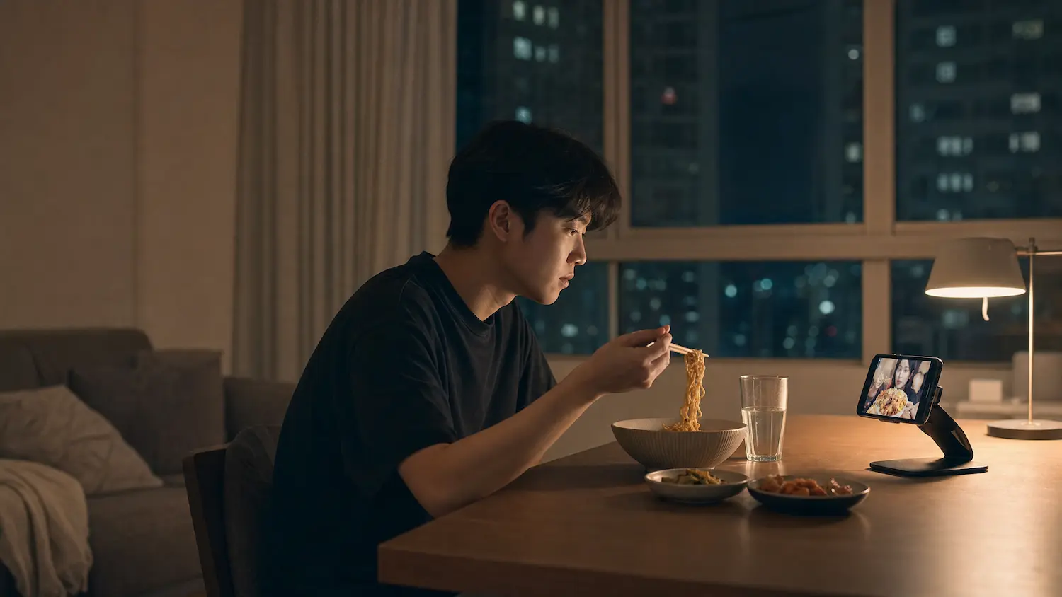 A young man eating noodles alone at night while watching a mukbang video on his smartphone, illustrating the connection between loneliness, digital companionship, and the global mukbang phenomenon.