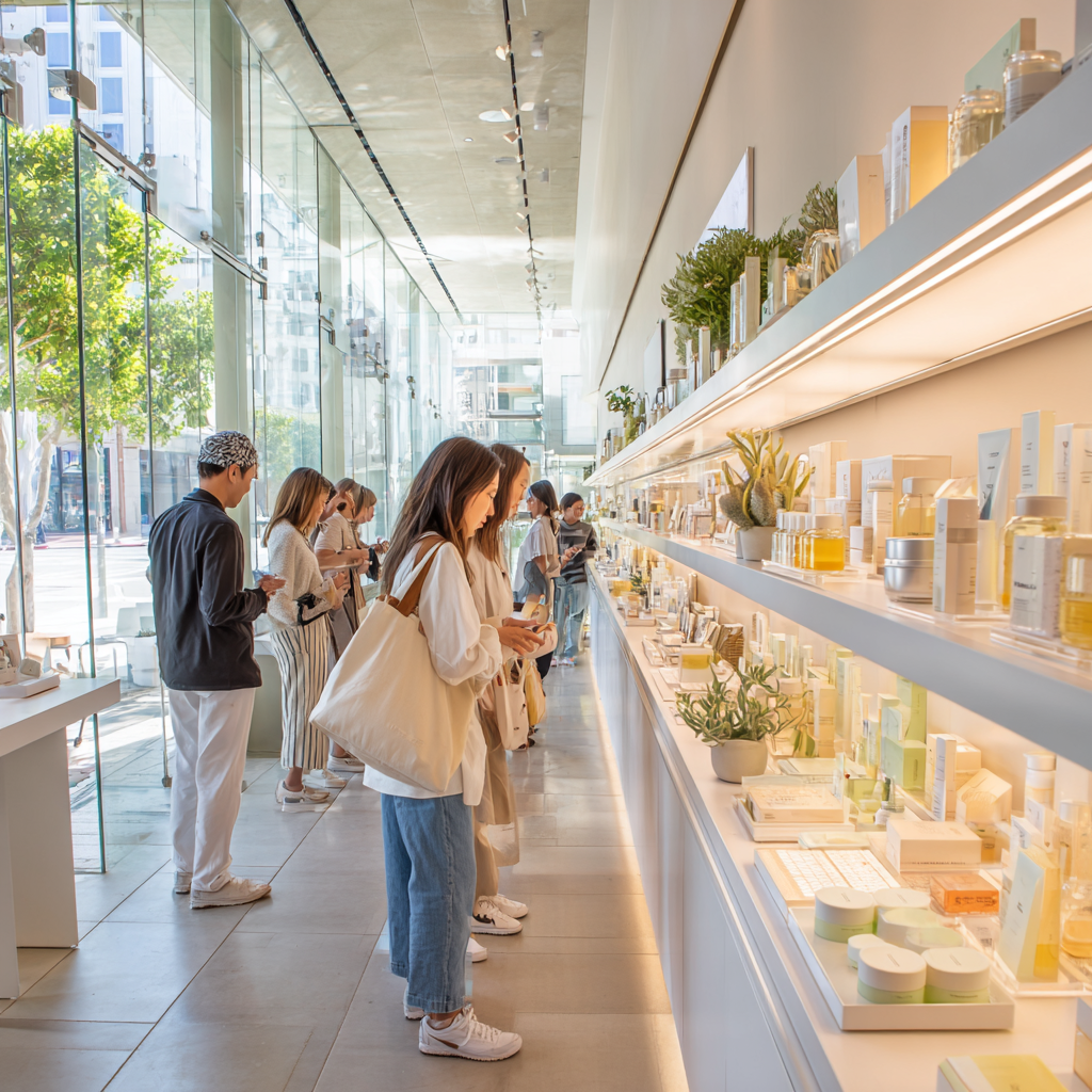 Olive Young first US store Pasadena California with skincare products organised by skin concern, diverse American customers browsing