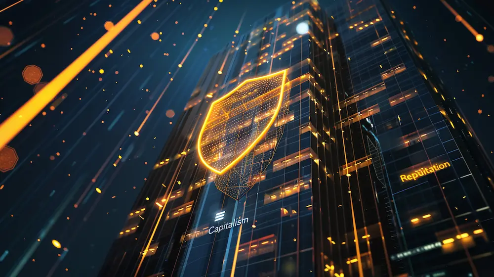 Illustration of a glowing golden shield protecting a Seoul skyscraper, representing reputation capitalism and brand trust in South Korea.