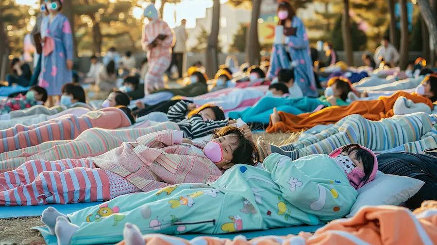 Participants sleeping on colorful yoga mats at the 2026 Seoul Hangang Nap Competition, with judges holding clipboards and Seoul city skyline in the background, representing South Korea's work-life balance revolution