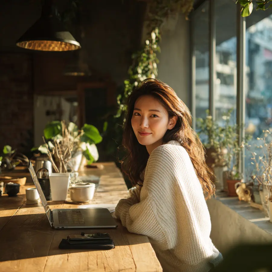 A relaxed solo female traveller steps away from her open MacBook and smartphone left unattended on a wooden café table in Seoul, South Korea, illustrating the country's renowned safety for women travelling alone in 2026