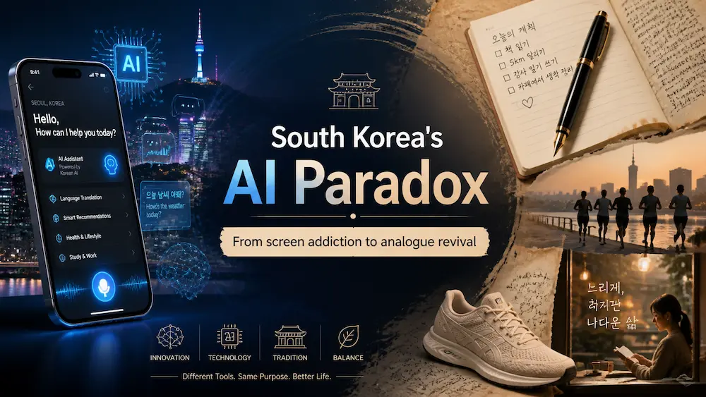 Infographic showing South Korea's AI paradox — a smartphone with Korean AI assistant on the left, contrasted with handwriting notebooks, running shoes, and Seoul skyline on the right, with the text 'From screen addiction to analogue revival'