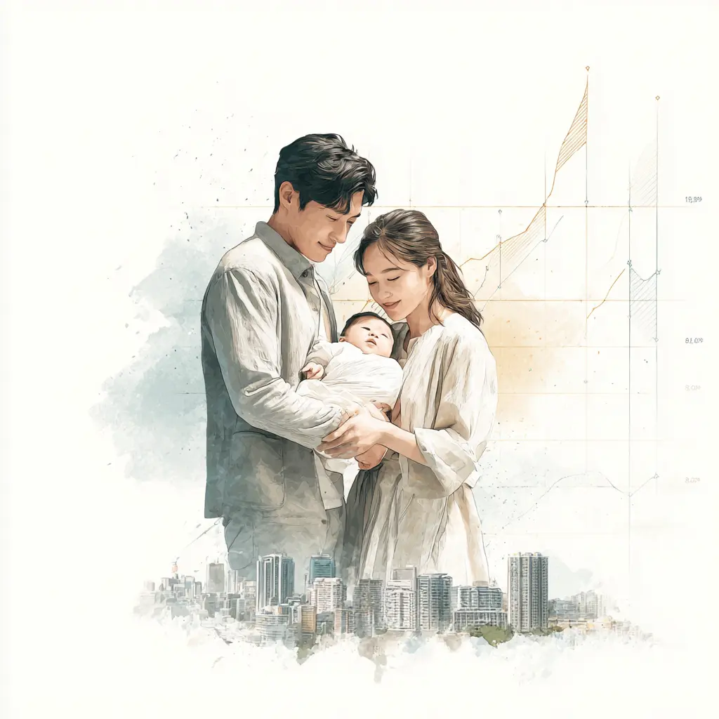 A young Korean couple holding a newborn, with Seoul apartment buildings in the background.