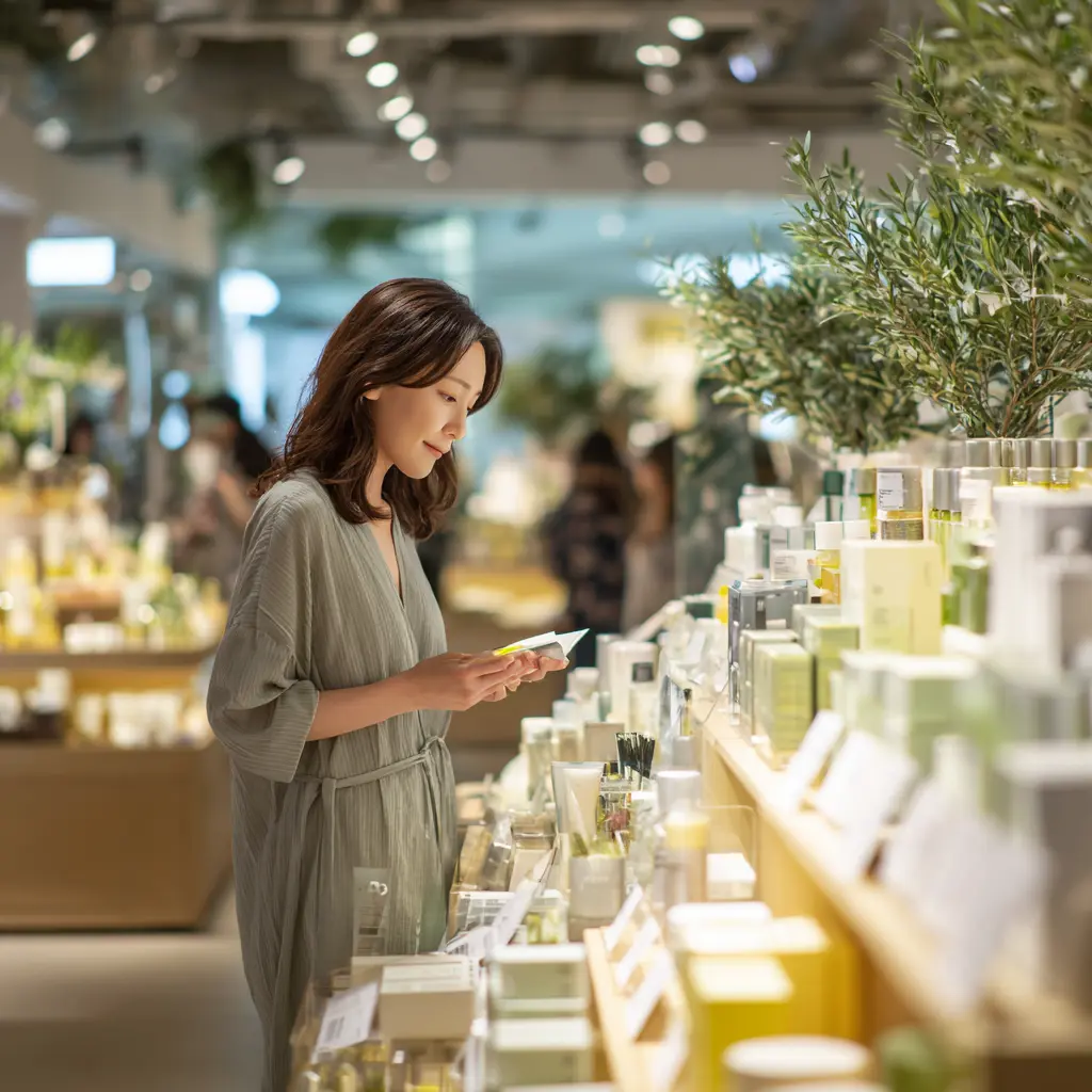 Modern Olive Young beauty store in Seoul with skincare products organised by skin concern, soft lighting and browsing customers