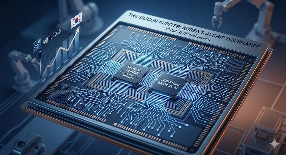 Close-up of a high-tech AI semiconductor chip with glowing circuits, featuring SK Hynix HBM3E and Samsung Exynos AI components, symbolising South Korea's global tech influence.