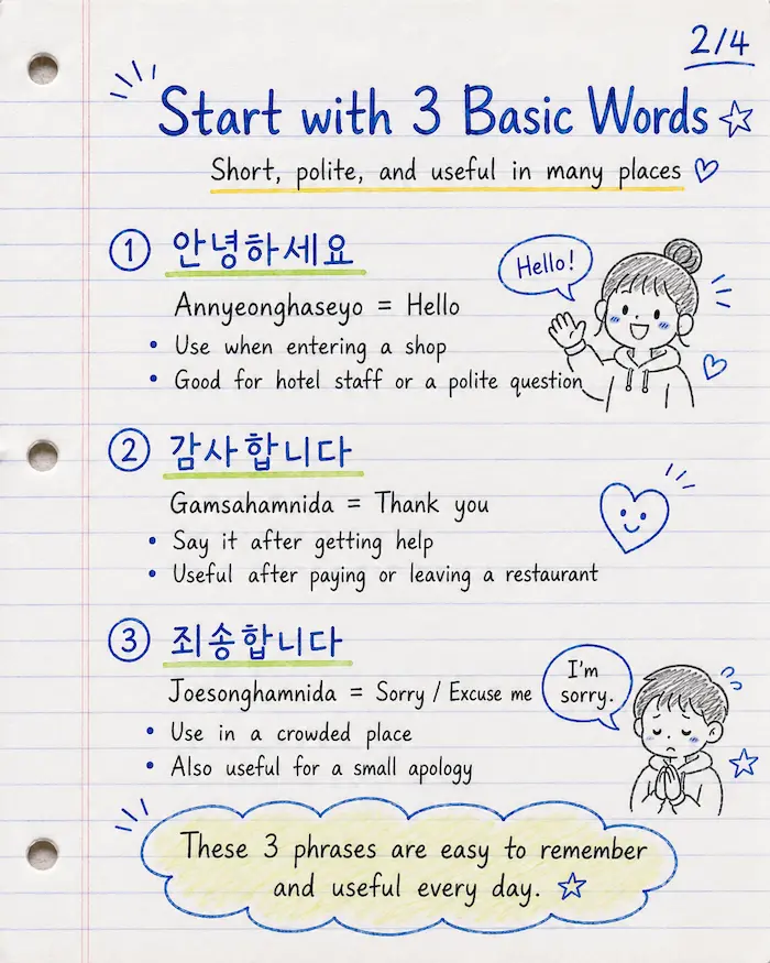 Lined notebook style card news showing three basic Korean words for travel, including annyeonghaseyo, gamsahamnida, and joesonghamnida.
